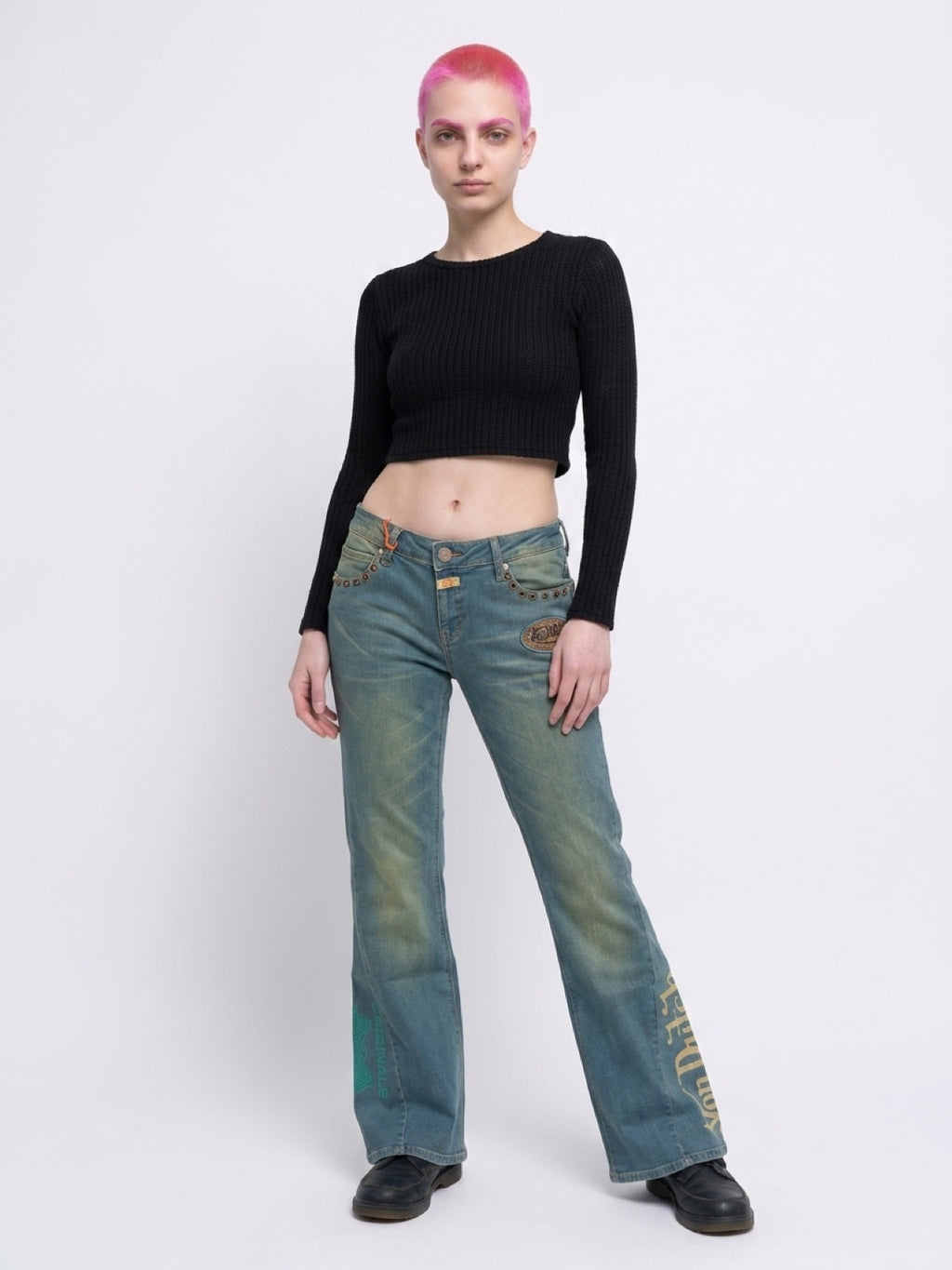 Womens Von Dutch Studded Low Rise Flare Jeans