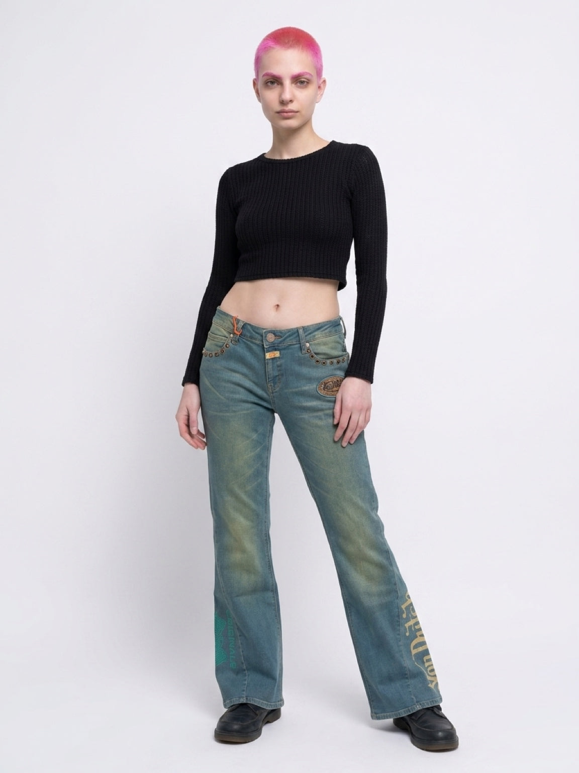 Womens Von Dutch Studded Low Rise Flare Jeans