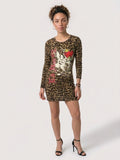 Womens Ed Hardy Rose Long Sleeve Leapard Mini Dress