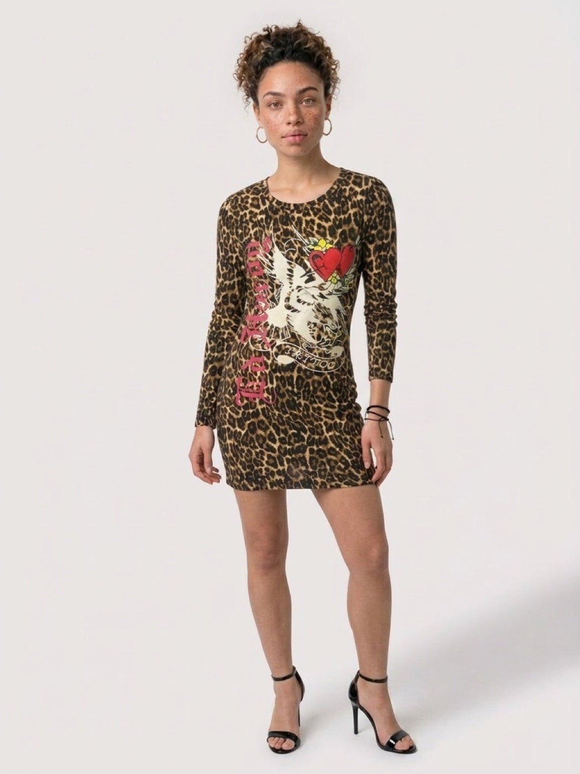 Womens Ed Hardy Rose Long Sleeve Leapard Mini Dress