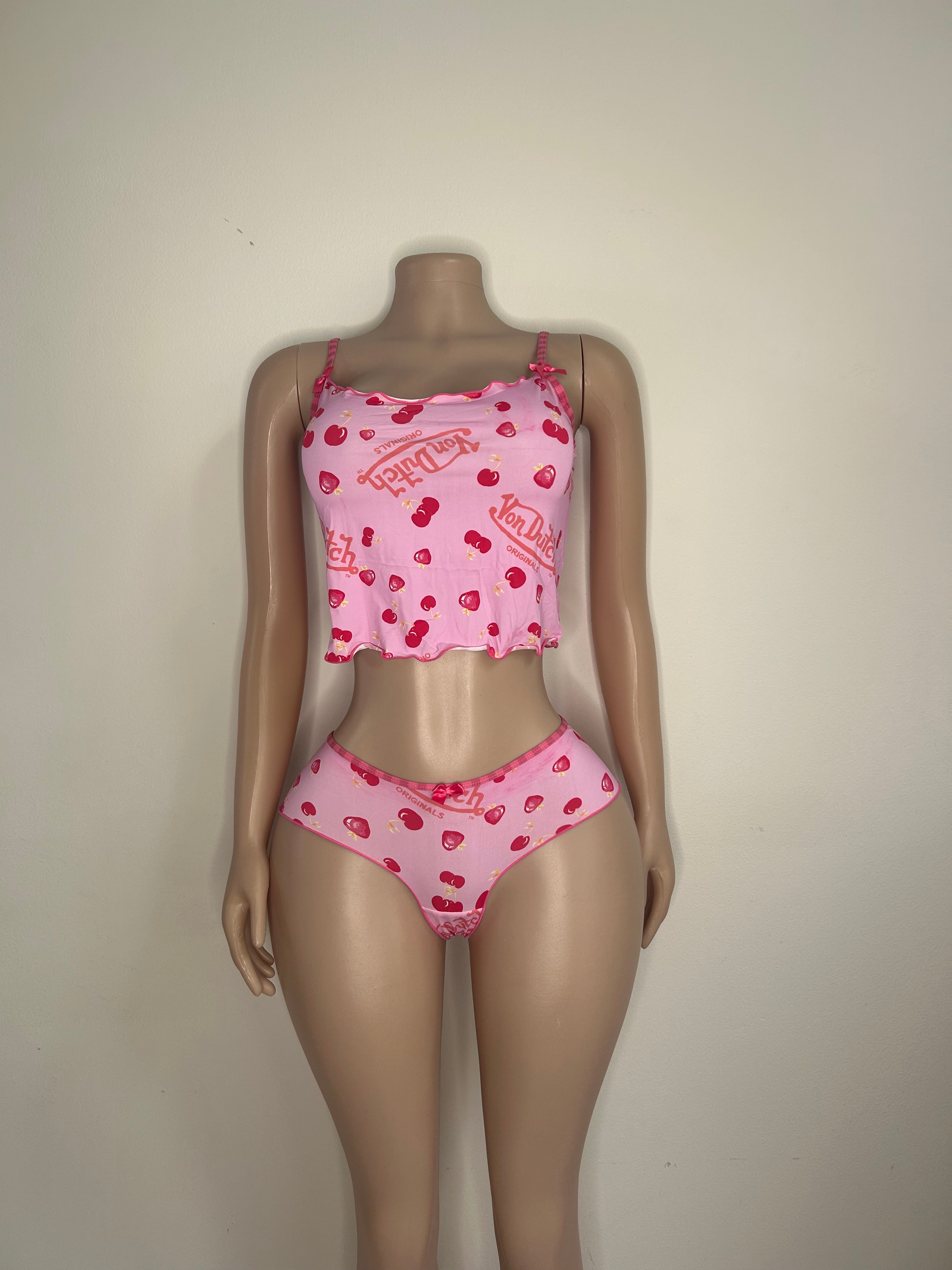 Womens Von Dutch Printed Mesh Lettuce Edge Cami Tank and Panty Set