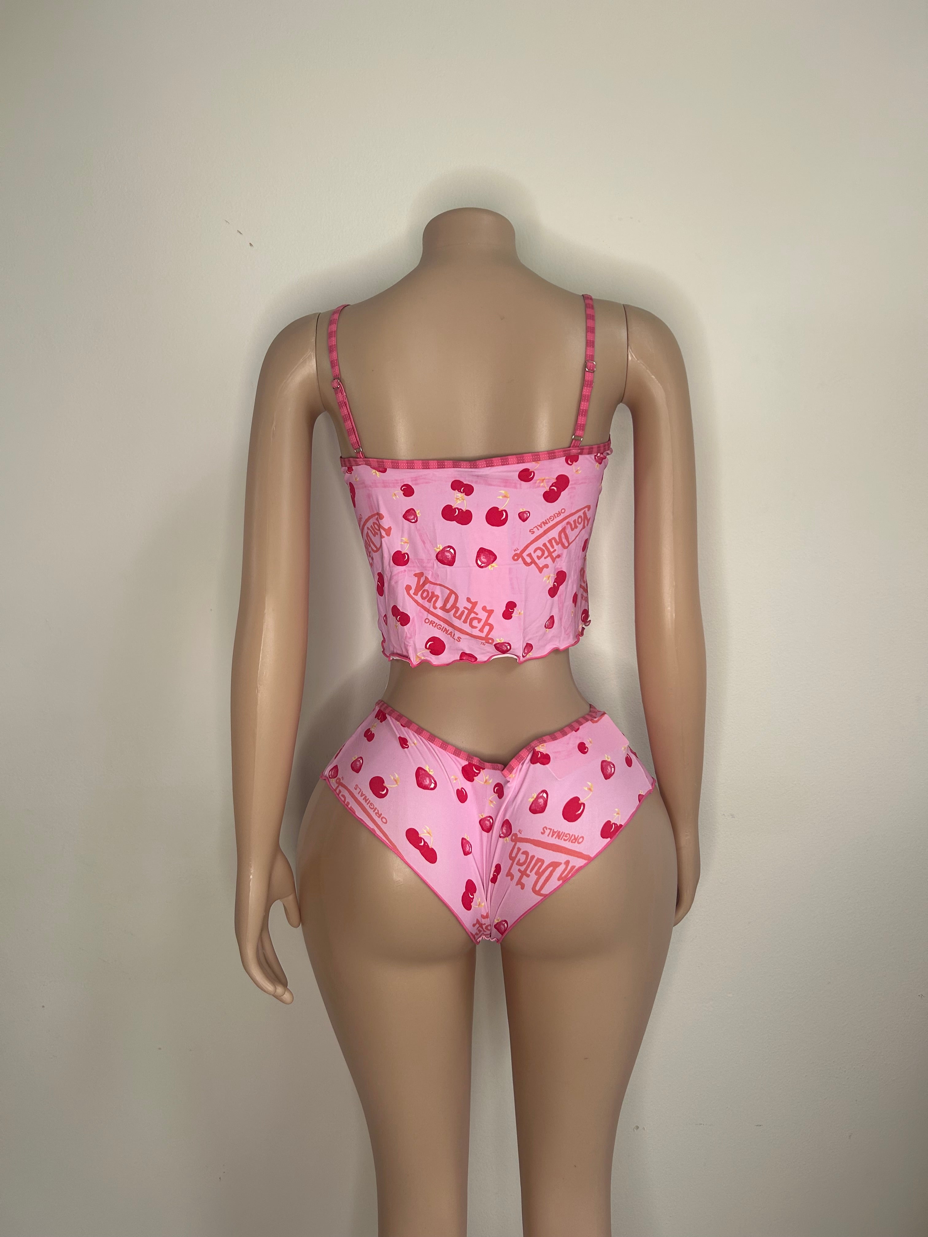 Womens Von Dutch Printed Mesh Lettuce Edge Cami Tank and Panty Set
