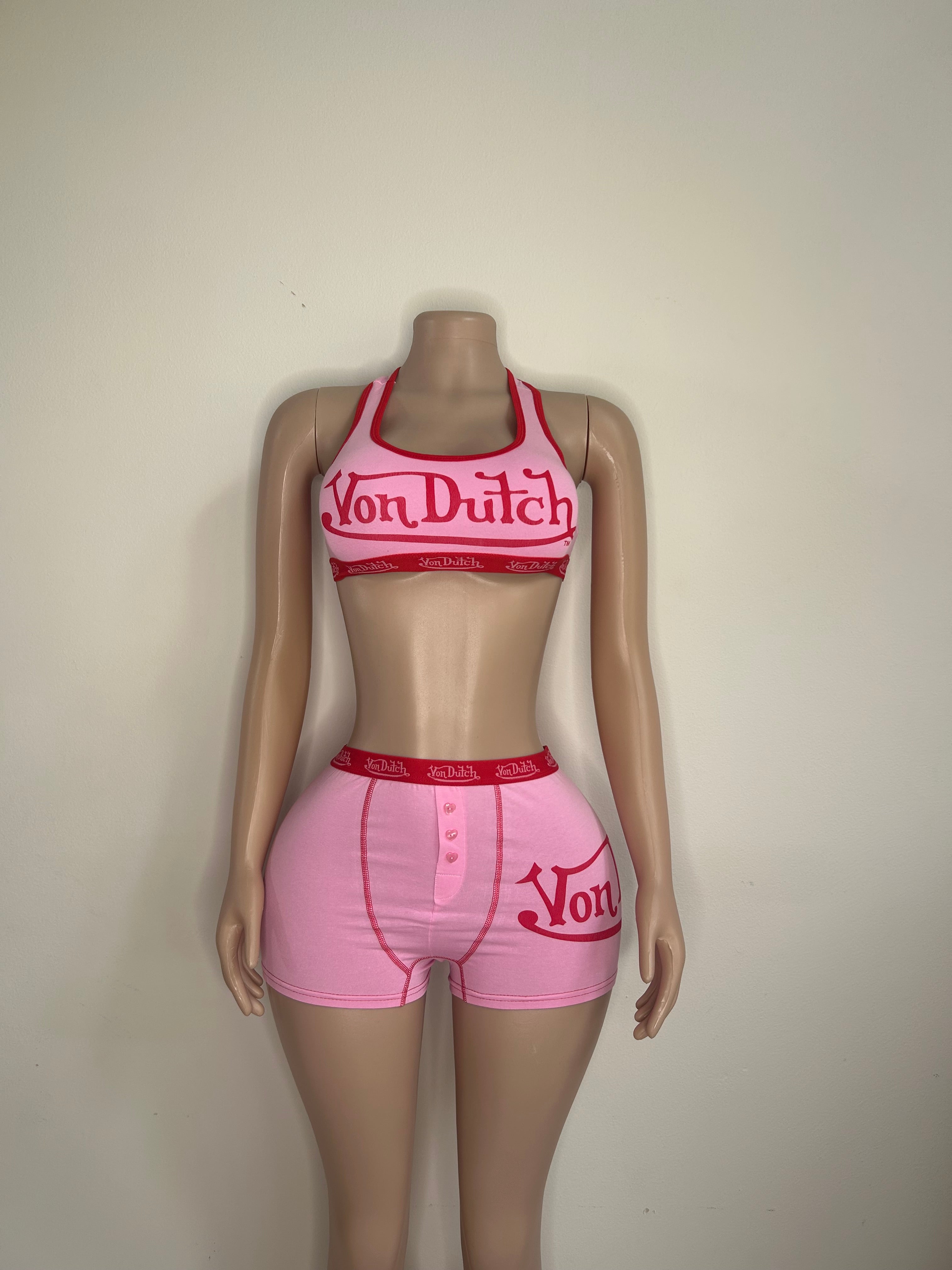 Womens Von Dutch Boyshort and Bra Set - Pink