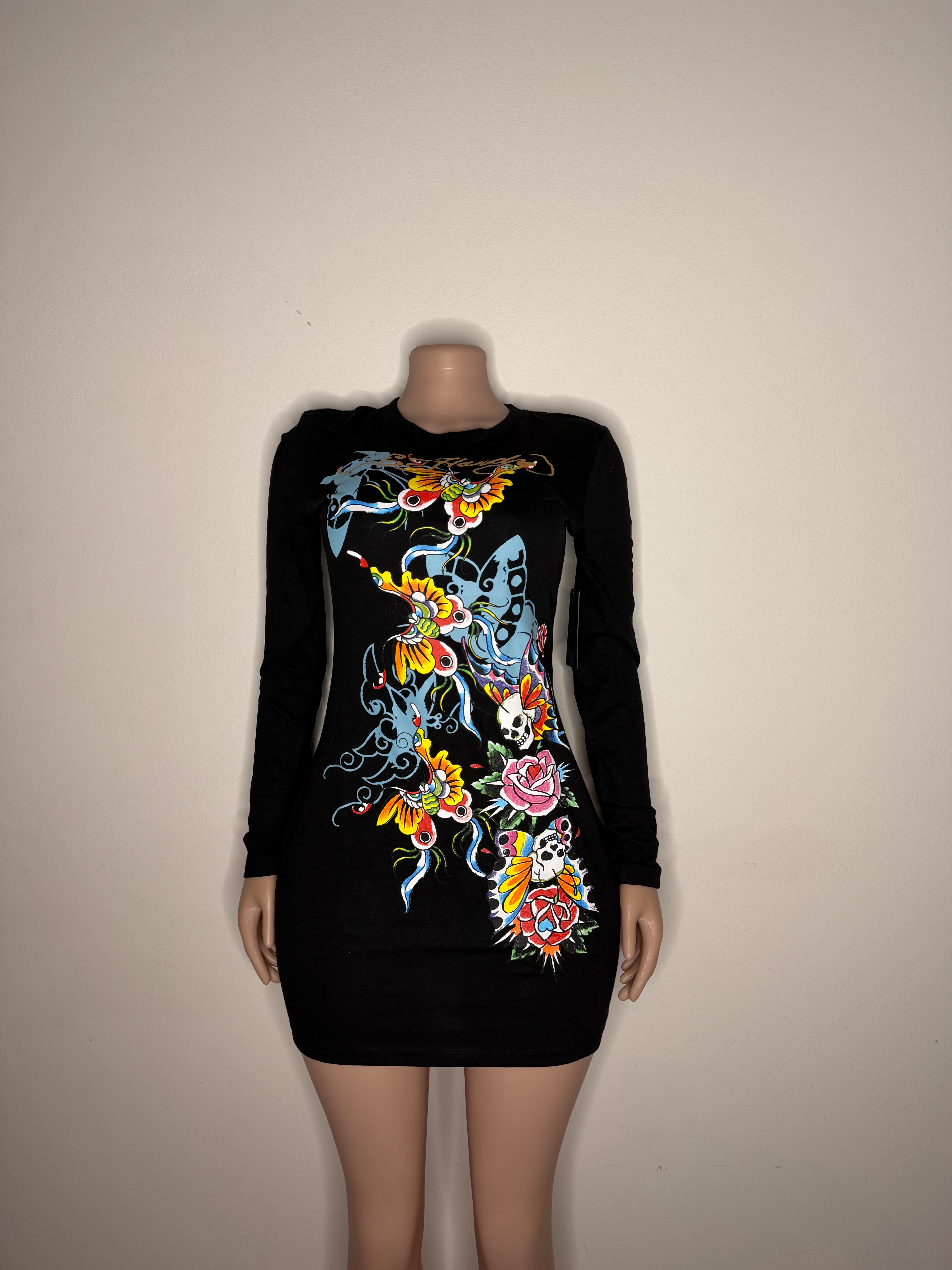 Womens Ed Hardy Butterfly Skull Long Sleeve Mini Dress