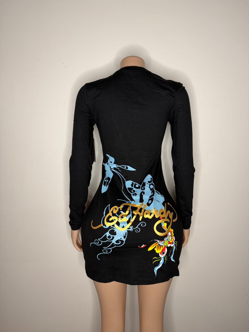 Womens Ed Hardy Butterfly Skull Long Sleeve Mini Dress