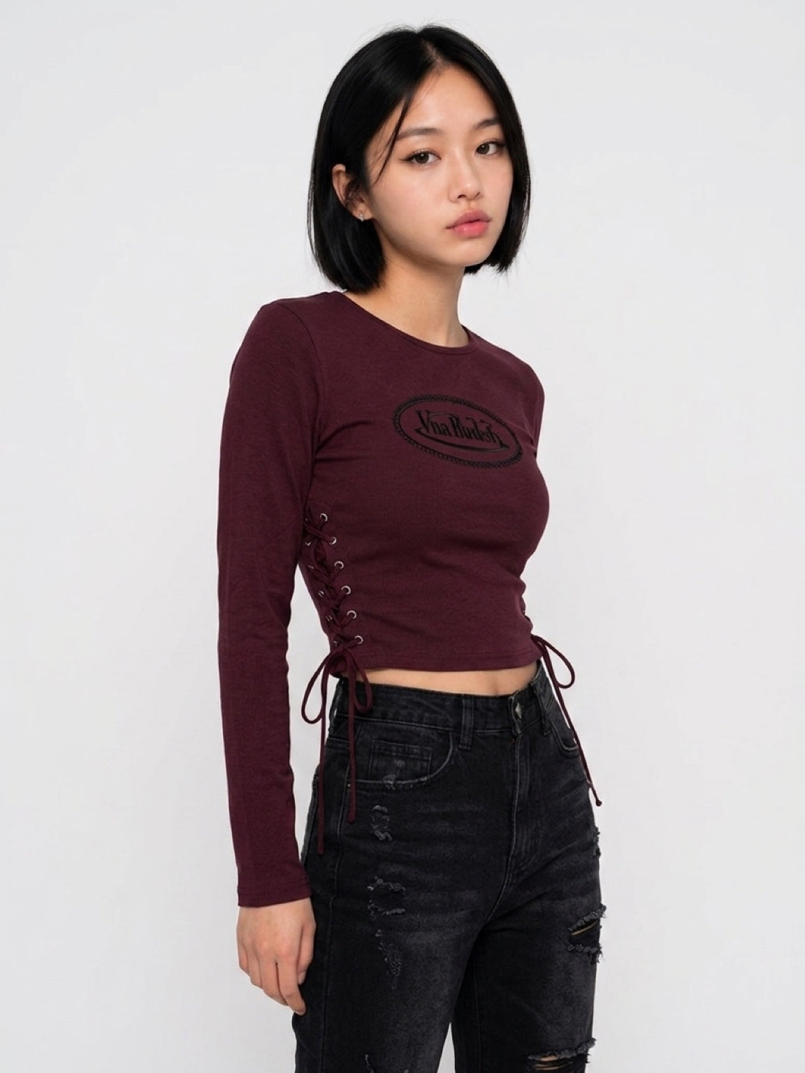Womens Von Dutch Outlaw Long Sleeve Lace Up Baby Tee