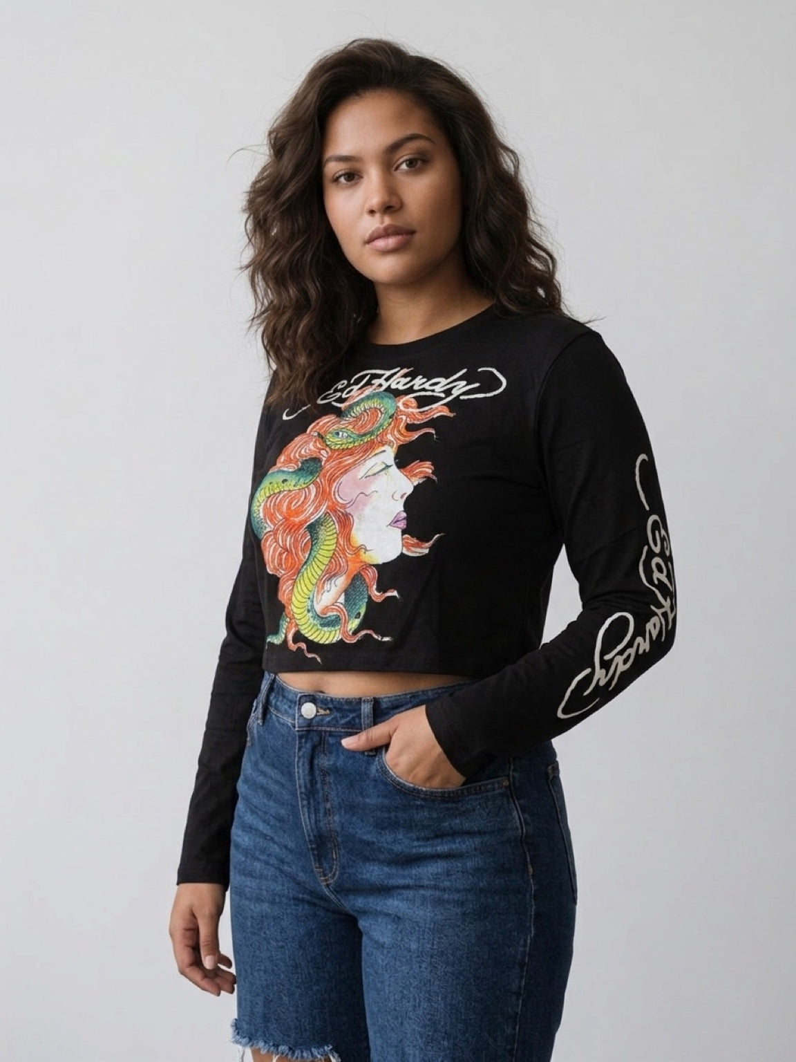 Womens Ed Hardy Snake Girl Long Sleeve Baby Tee